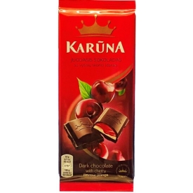 "Karūna" Juodas šokoladas su vyšnių skonio įdarais 90g (dark chocolate with cherry flavour) "Karūna" Juodas šokoladas su vyšnių skonio įdarais 90g (dark chocolate with cherry flavour)