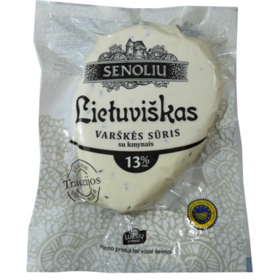 "Senolių" Lietuviškas varškės sūris su kmynais 13% ~ 350g £10,20 per 100g (Curd cheese with caraway seeds) "Senolių" Lietuviškas varškės sūris su kmynais 13% ~ 350g £10,20 per 100g (Curd cheese with caraway seeds)