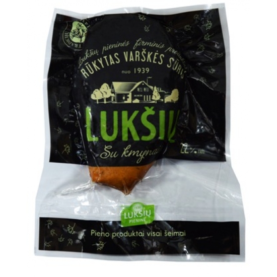 ''Lukšių" Rukytas varškės sūris su kmynais 22% £11,89 kg (Curd cheese with caraway seeds) ''Lukšių" Rukytas varškės sūris su kmynais 22% £11,89 kg (Curd cheese with caraway seeds)