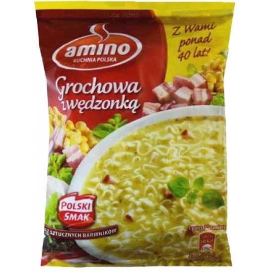 "Amino" Žirnių sriuba su makaronais ir rūkytu kumpiu 65g (Instant pea soup with noodles and smoked bacon) "Amino" Žirnių sriuba su makaronais ir rūkytu kumpiu 65g (Instant pea soup with noodles and smoked bacon)