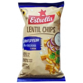 "Estrella" Grietinės ir svogūnų skonio lešių traškučiai 100g "Estrella" Grietinės ir svogūnų skonio lešių traškučiai 100g
