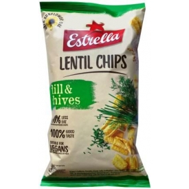 "Estrella" Krapų ir laiškinių česnakų skonio 100g (lentil chips) "Estrella" Krapų ir laiškinių česnakų skonio 100g (lentil chips)